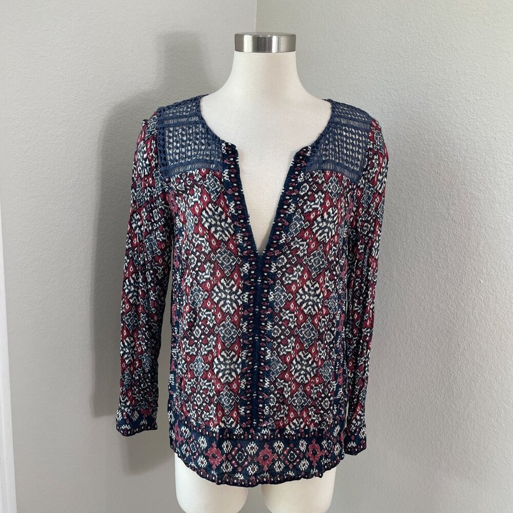 Lucky Brand Womens Medium Crochet Trim Boho Top Long‎ Sleeve V Neck Shirt